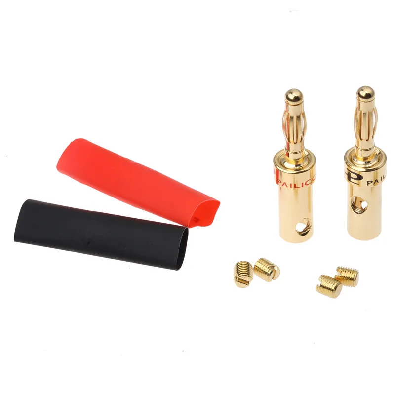 4PCS Gold Speaker Banana Plug Cable Wire Adapters Plugs Copper Straight Connectors For Musical Audio with Heat Shrink Tube Kit