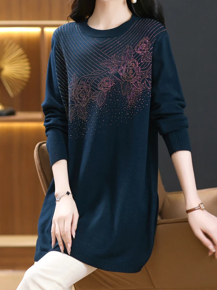 

Свитер Женская осенне-зимняя повседневная женская одежда пуловер вязаное платье длинные свитера с цветочным принтом для женщин