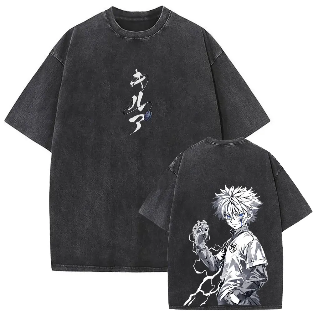 Gewaschenes Vintage Anime Hunter X Hunter Grafik-T-Shirt Killua Zoldyck Merch T-Shirts Herren Casual Retro T-Shirts Fans Liebhaber Kleidung