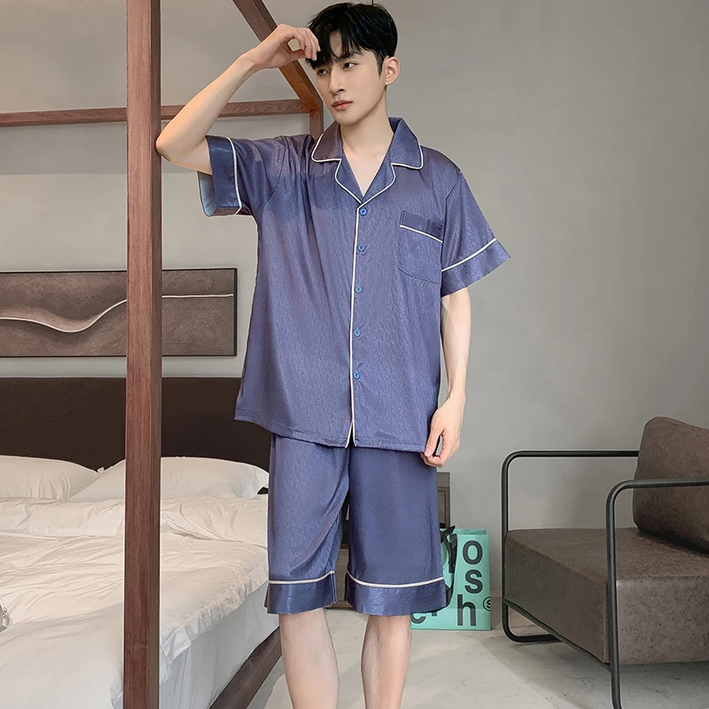 

Summer New Men's Pajamas Youth Jacquard Silk Cardigan Small Polo Neck Short Sleeve Comfortable Casual Large Home Furnishing