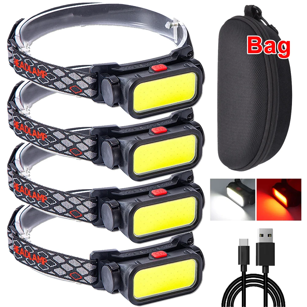 강력한 COB LED 전조등 USB 충전식 4 가지 모드 조명 헤드 손전등 18650 내장 배터리 캠핑 낚시 랜턴