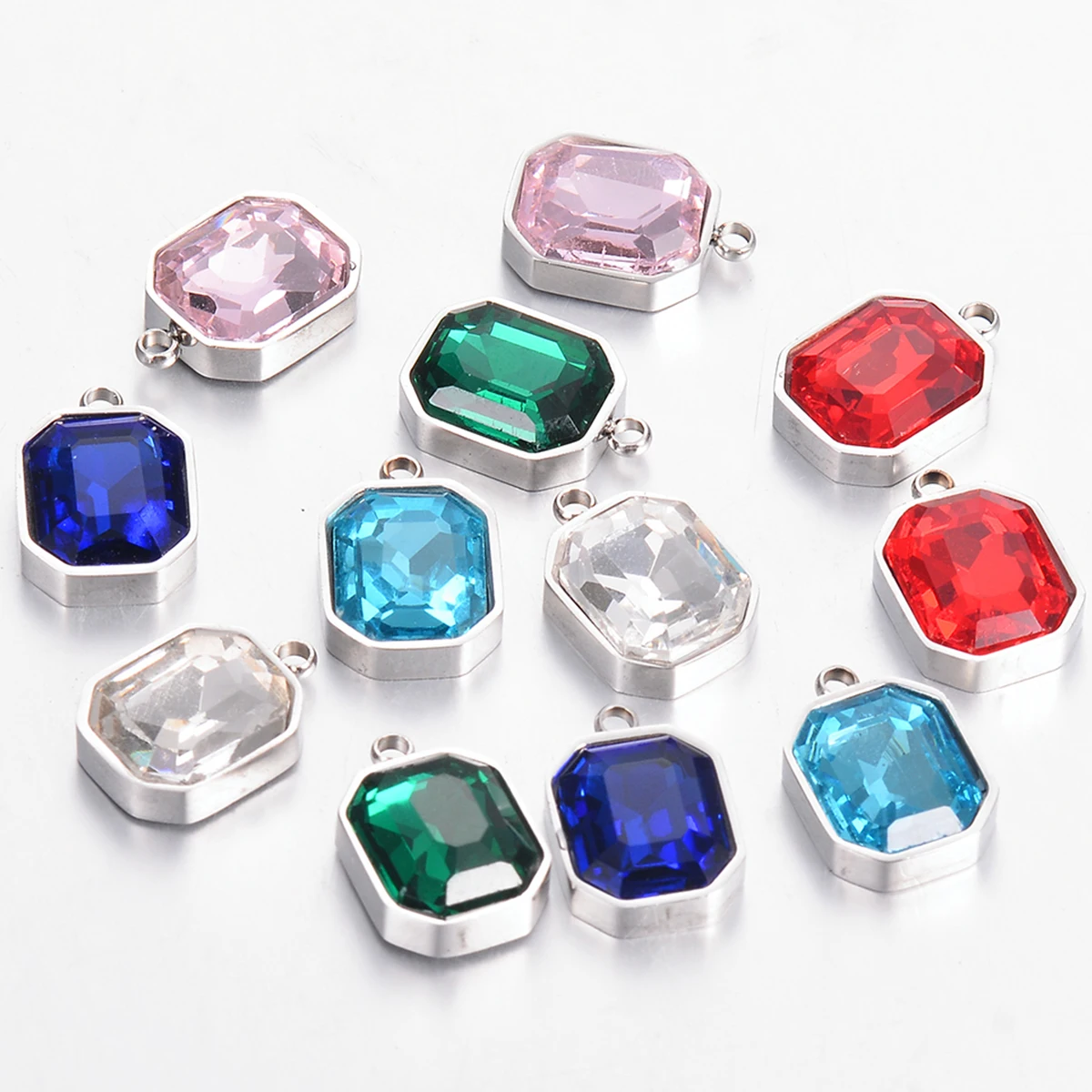 10pcs Stainless Steel Square Multicolour Cubic Zirconia Charms Pendant Silver Color for DIY Necklace Making Jewelry Accessories