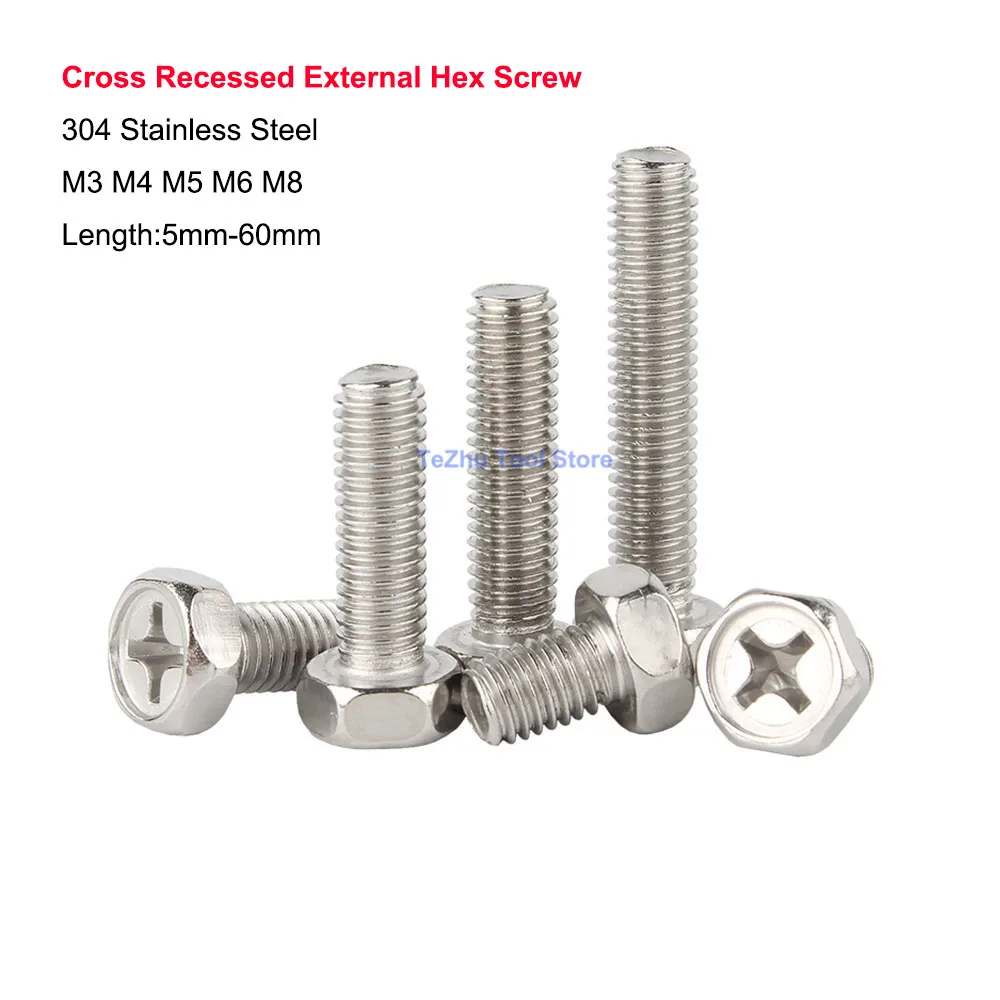 

304 Stainless Steel Cross Recessed External Hexagonal Screw M3 M4 M5 M6 M8 Phillips Outer Hex Bolt Length 5mm-60mm