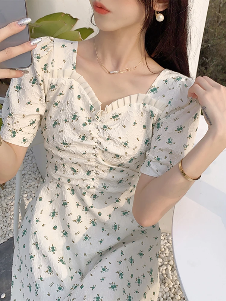 

Floral Dress Woman 2022 Summer Fashion Square Collar Print Short Sleeve Sweet Small Fresh Dresses Sundress A-Line Midi Dress