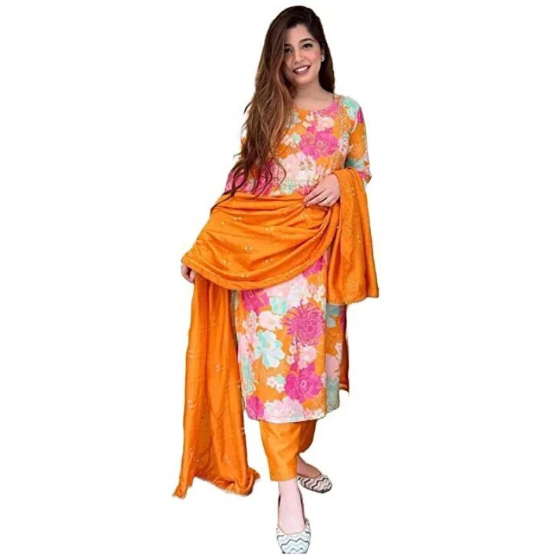 

Summer Sale Women's Kurti Pants Solid Chiffon Dupatta Orange Straigt Kurta Pants Top