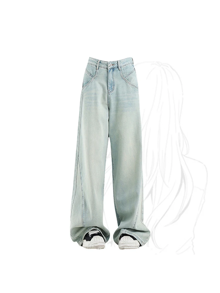 

Women Blue Jeans Streetwear Harajuku Baggy Vintage Casual Y2k Straight Denim Wide Leg Pants Oversized Long Trousers Summer 2023