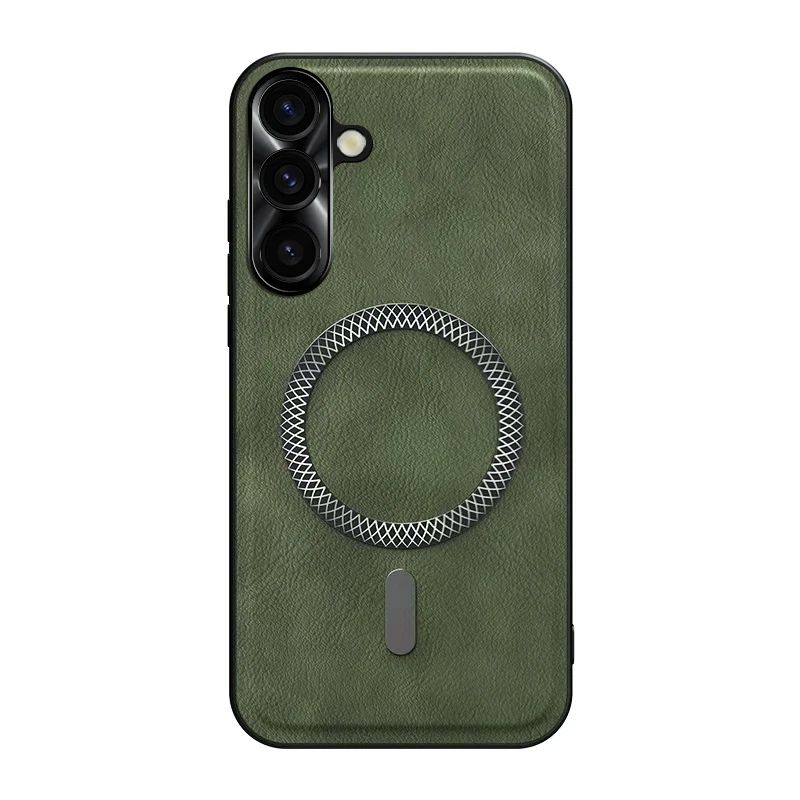 Luxurious Leather Magnetic Ring Phone Case with Metal Accents