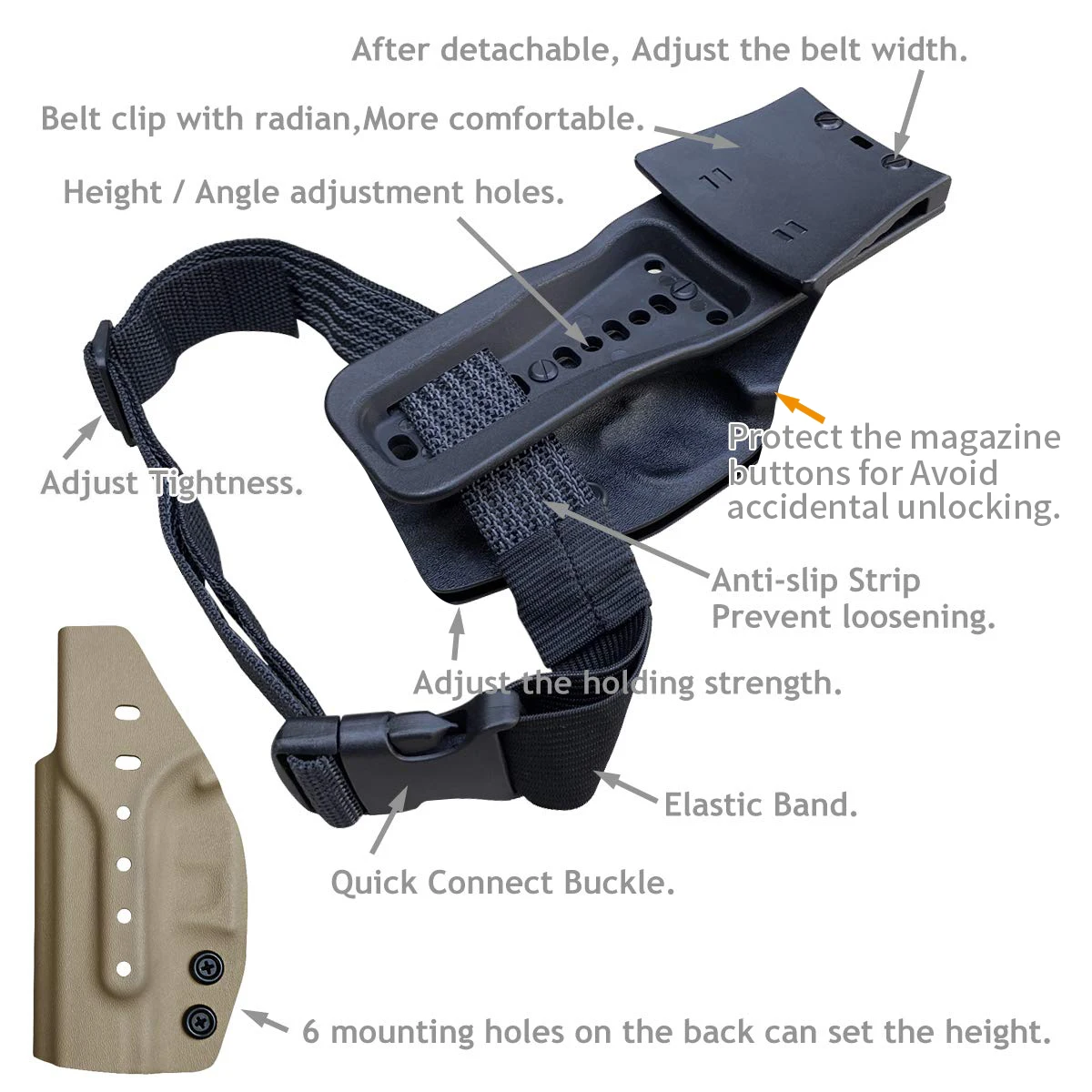 1911 Holster Kydex for Colt Commander 1911 .45 / 9mm / 4.25" PT1911 Outside Waistband Carry 1.5-2 Inch Belt Clip with Leggings