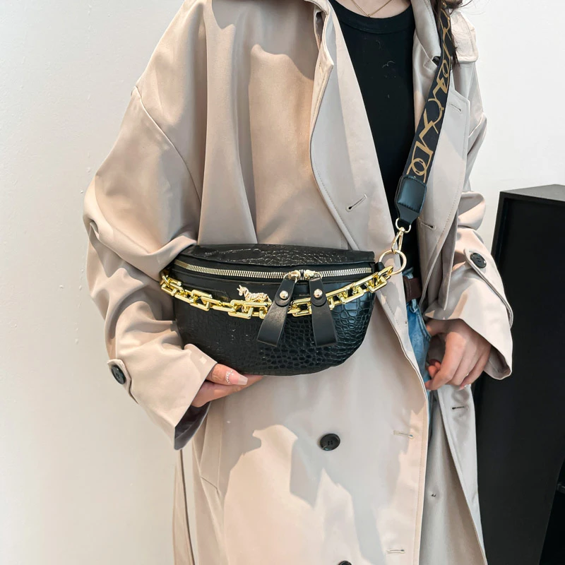 Thick Chain Women's Waist Bag Designer Silver Handbag Pu