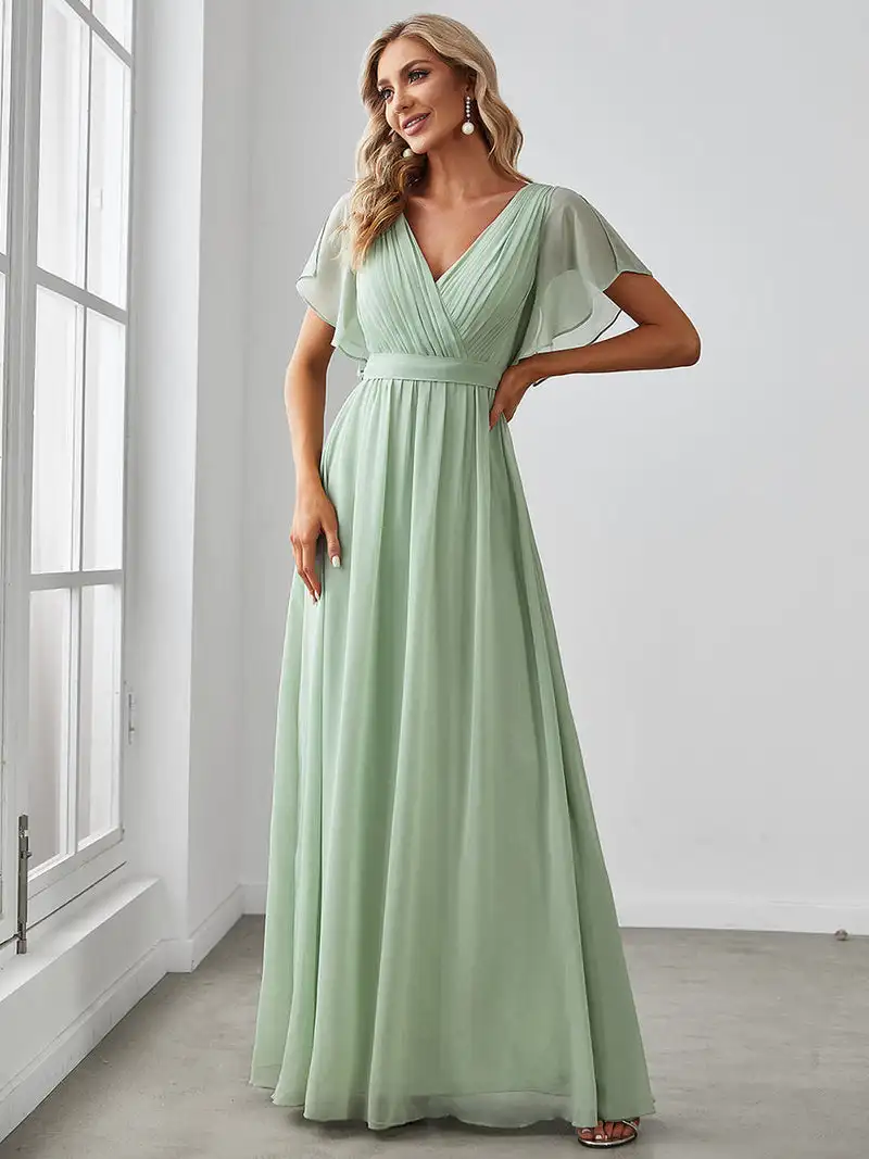 Elegant Evening dresses Long A LINE Short Sleeve V-Neck Chiffon Floor-Length Gown 2024 of Mint Green Simple Prom Women Dress