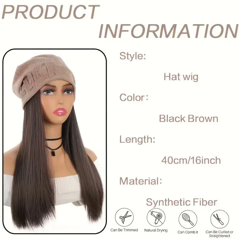 Brown Autumn Hat Synthetic Wig Lucky Hat Long Straight Hair Soft Hat and Wig, Easy to Wear, Warm
