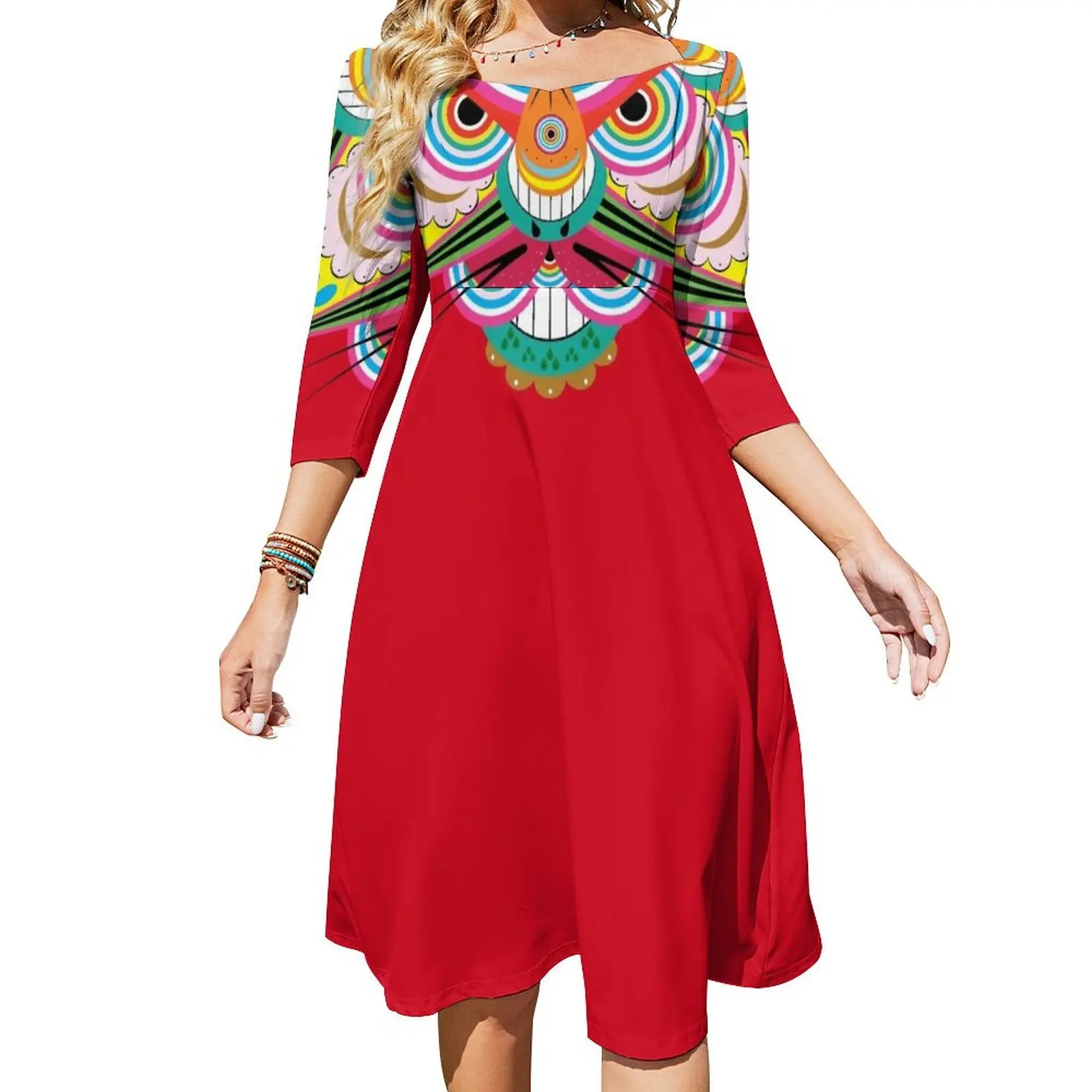 

Платье-колокол с тигром, драконом, мандалой, красное расклешенное, вечерние платья для женщин, одежда для женщин, платья в Корейском стиле