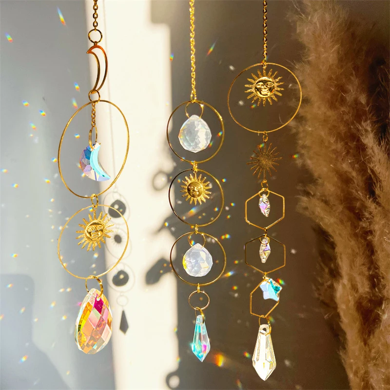 Hanging Crystal Pendant Moon Stars SunCatcher Rainbow Maker Window Drop for Home Outdoor Fairy Garden Decoration