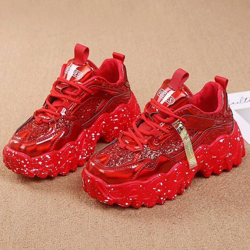 

2023 new Women New Bling Platform Sneakers for Girls Casual Chunky Sneaker 6cm Thick Bottom Sports Shoes Platform Red Silver 40