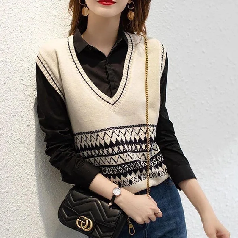 

Color matching Jacquard Knitted Autumn Women's Long Sleeve Fashion Western-style vest Korean Joker