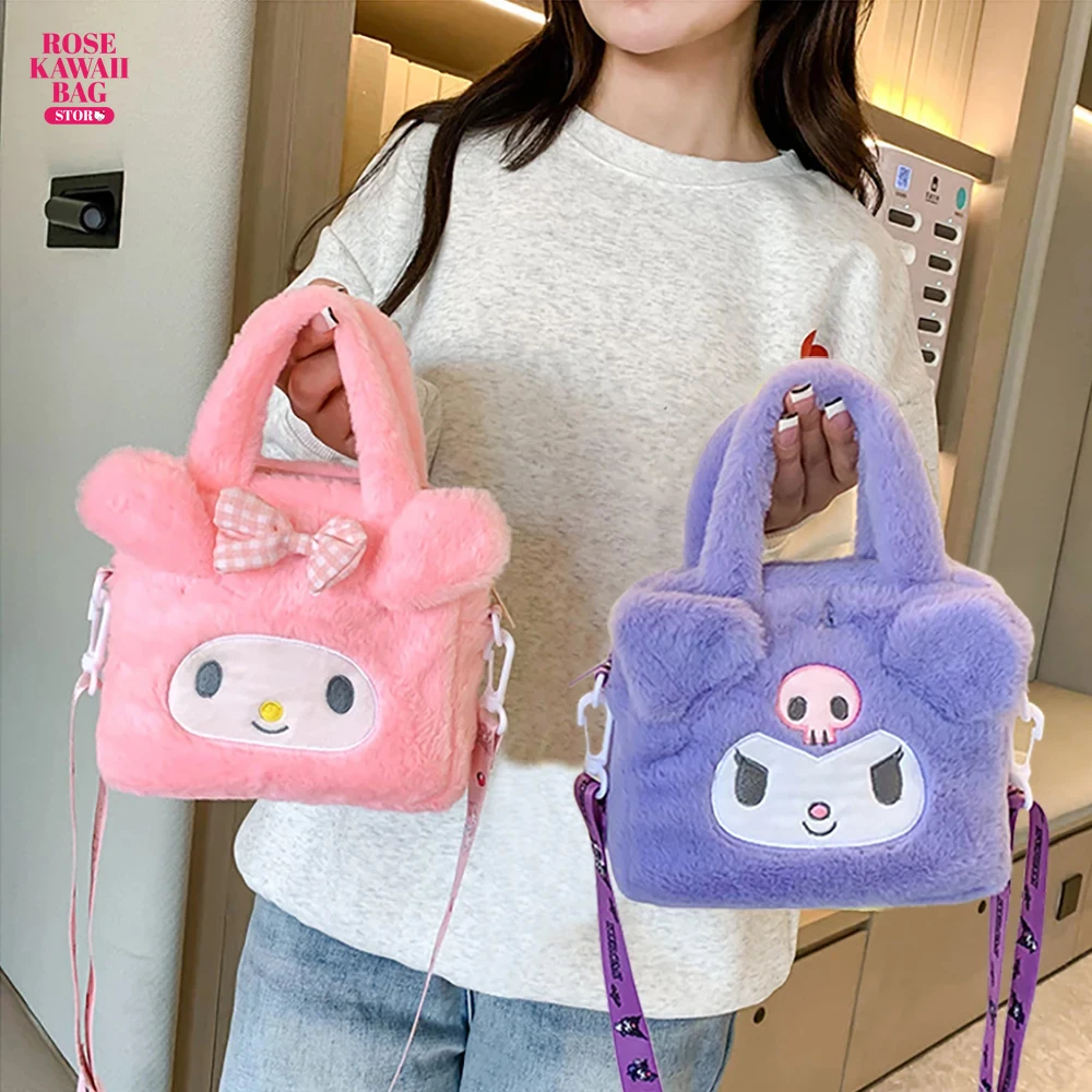 Sanrio Plush Bag Kawaii Kuromi Cinnamoroll Melody Cartoon Anime Plush Handbag Cosmetic Bag Travel Storage Bag Women Girls Gifts