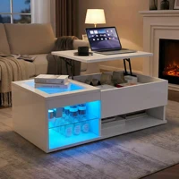 Table basse extensible Comanlai avec éclairage LED, table de salon brillante avec 2 étagères en verre, avec étagères ouvertes et rangement, rétractable, pour salon 1