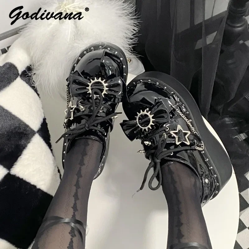 

Original Lolita Women's Punk Bow Patend Leather Heels Y2k Hot Girl Platform Round Toe Pumps Lace-up Leather Shoes Female