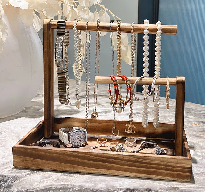Solid wood household jewelry storage tray tabletop hanging necklace bracelet key chain holder  jewelry display stand rack 4