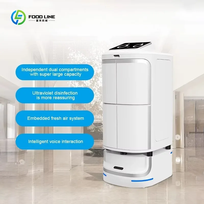 Robot Intelligente per Servizio in Camera d'Albergo, Consegna Automatica, Navigazione Autonoma, Evitamento Ostacoli, Carico Utile 20kg, Personalizzabile - immagine 2