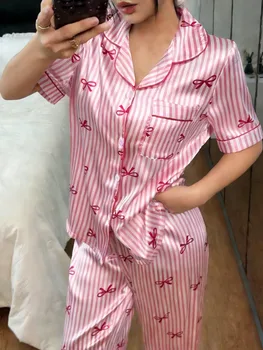 Summer Silk Satin Women Pajamas Set Button Down Top & Pants 2 Pieces Sleepwear Notched Collar Nightwear Loungewear for Women 1