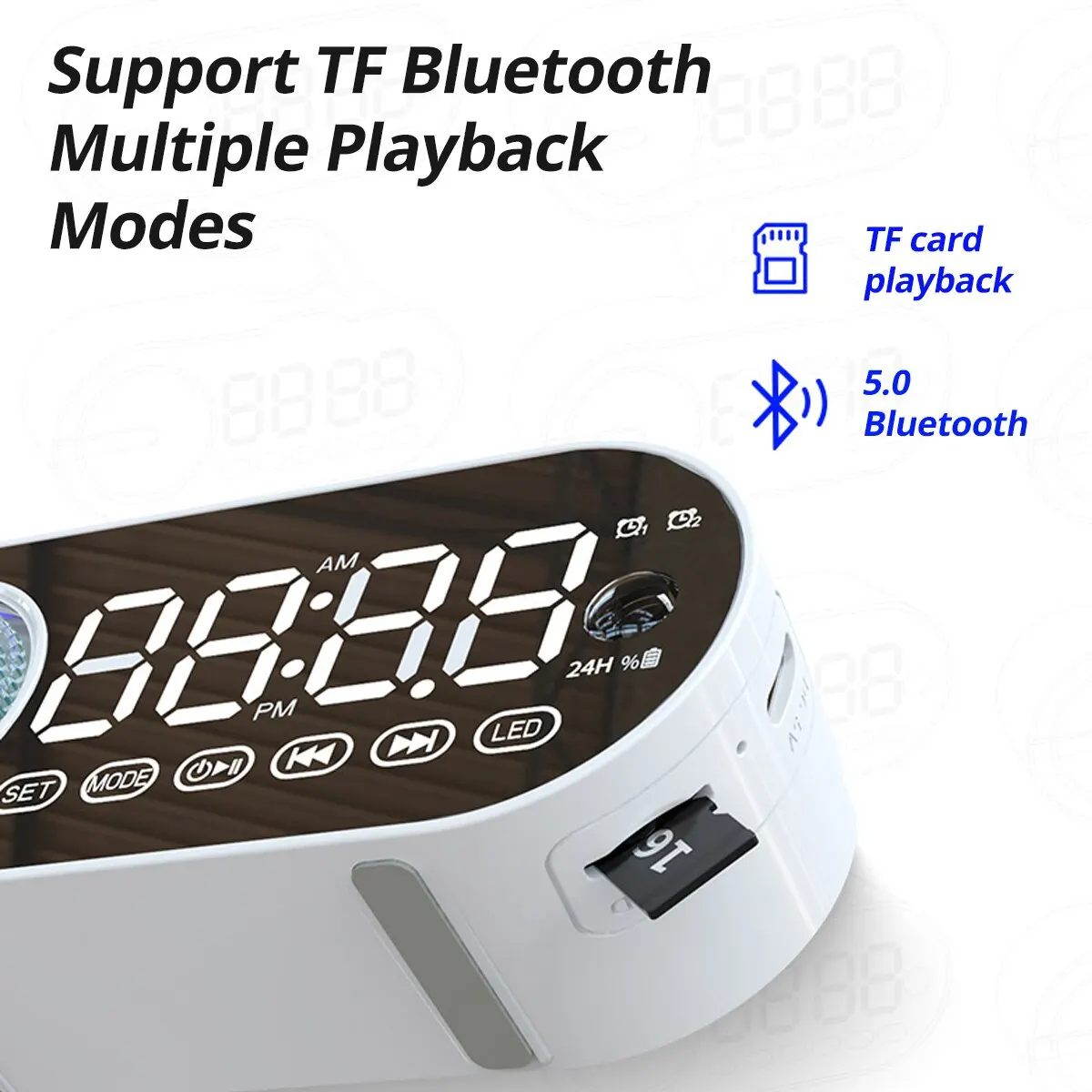รูปสินค้า ลำโพงบลูทูธไร้สายเงียบนาฬิกาปลุก RGB TWS USB LED นาฬิกาดิจิตอลกระจก LED FM จอแสดงผลขนาดใหญ่สำหรับห้องนอนสำนักงานเด็คท็อป