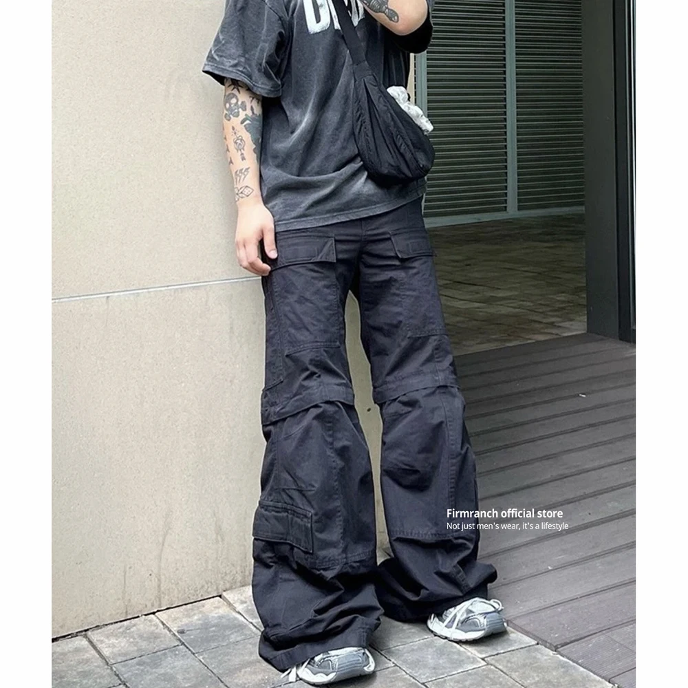 

Firmranch Paris Style Washed Old Multi-pocket Cargo Pants For Men Women Black Cotton Slight Worn Loose Detachable To Be Shorts