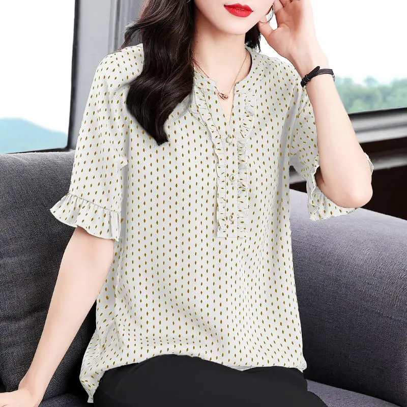

Women's T-shirt Summer Short Sleeve Blouse New V-Neck Tees Oversized Button Shirring Casual Fashion Clothes Tops