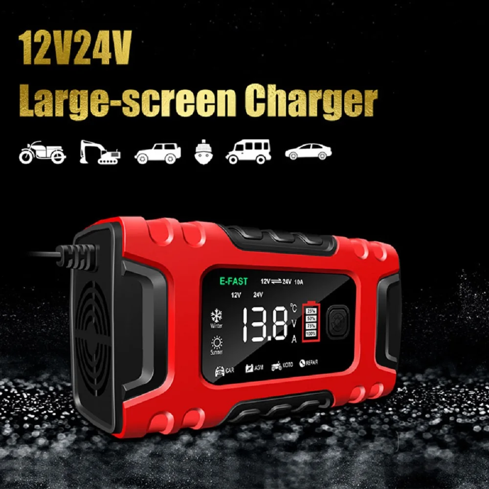 

12V-24V 7-stage Smart Car Battery-Charger Full Automatic 10A Digital Car Battery Charger Pulse Repair For AGM GEL WET Lead Acid