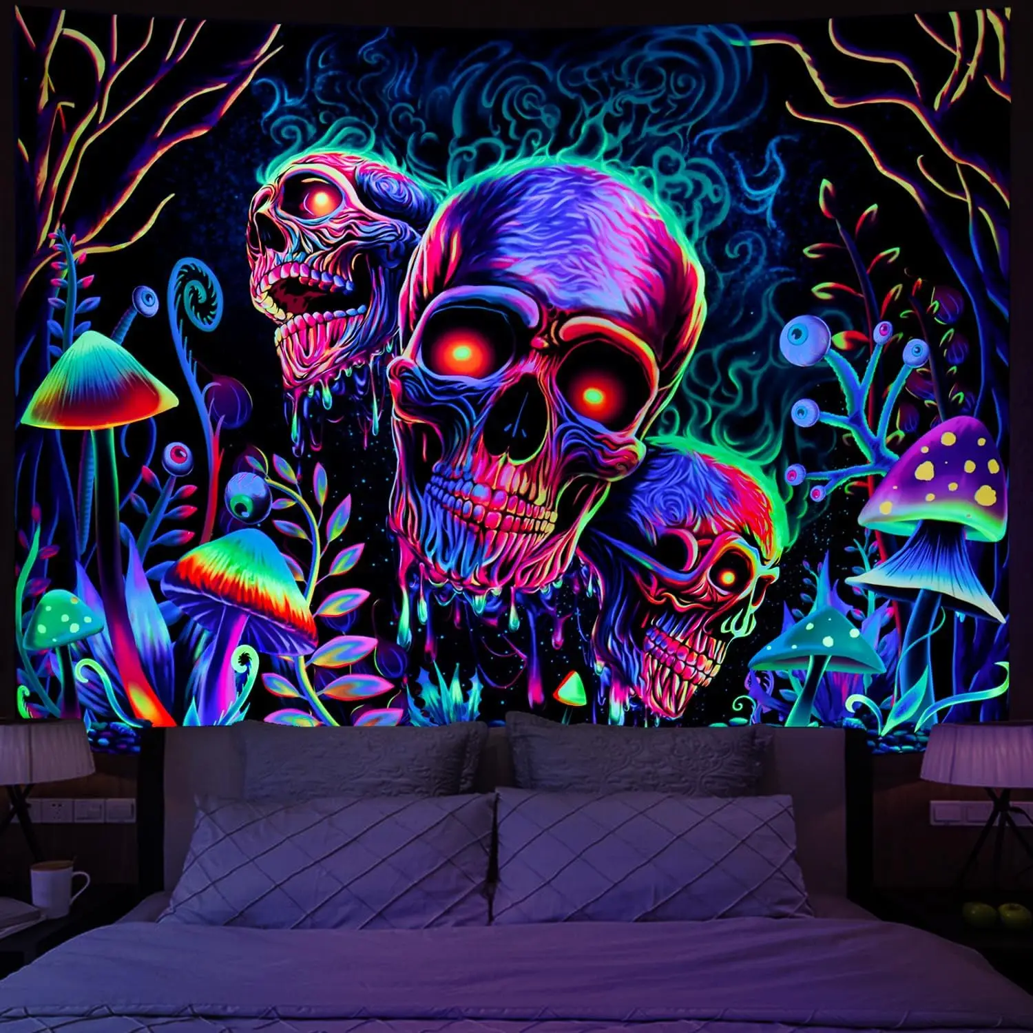 

Black light skull tapestry psychedelic skull wall tapestry UV active neon plant tree tapestry aesthetic Galaxy space wall hangin