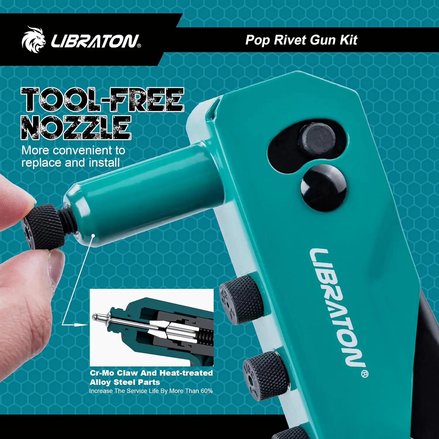 Libraton Rivet Gun Kit, Heavy Duty Manual Riveting Tool 1PC with 120 Blind Rivets, 4 HSS Drill Bits, 4 Tool-free Interchangeable 3