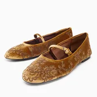 Novelty Velvet Embroidered Floral Design Ballet Flats Women Comfort Round Toe Mary Jane Shoes Lightweight Soft Designer Loafers