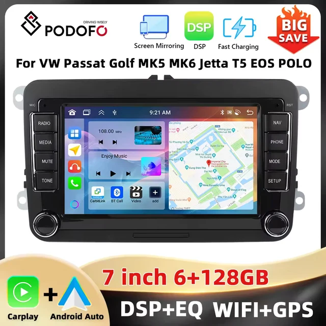 Podofo 7 ''6 + 128G autoradio pour VW/PASSAT/GOLF/SCIROCCO lecteur multimédia Navigation Carplay Android Auto WIFI BT RDS Audio de voiture 1