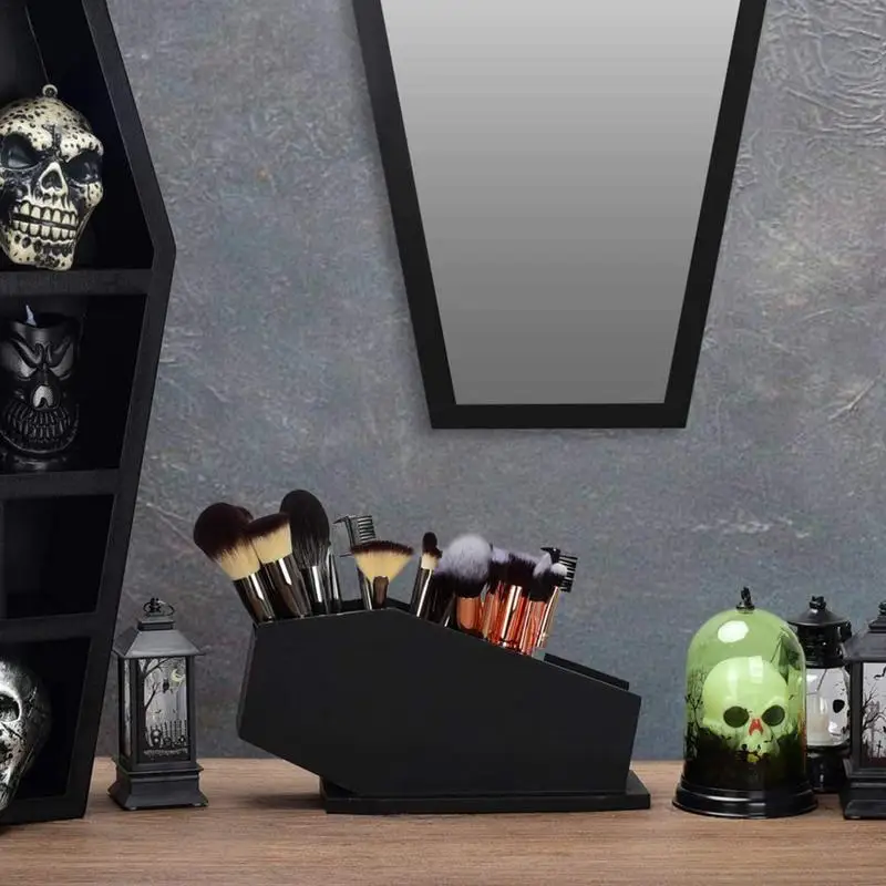 Makeup Brush Holder Gothic Wooden Coffin Makeup Holder Practical Cosmetic Storage Spooky Compartment Pen Holder For Pencil &