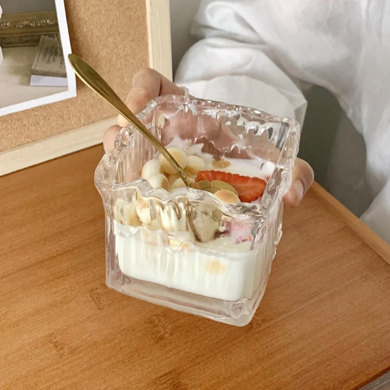 Transparent Luxury Ice Glass Square/Heart Latte Coffee Whiskey Cold Drink Glass Cup Yogurt Mixing Bowl Breakfast Cup Ins Style