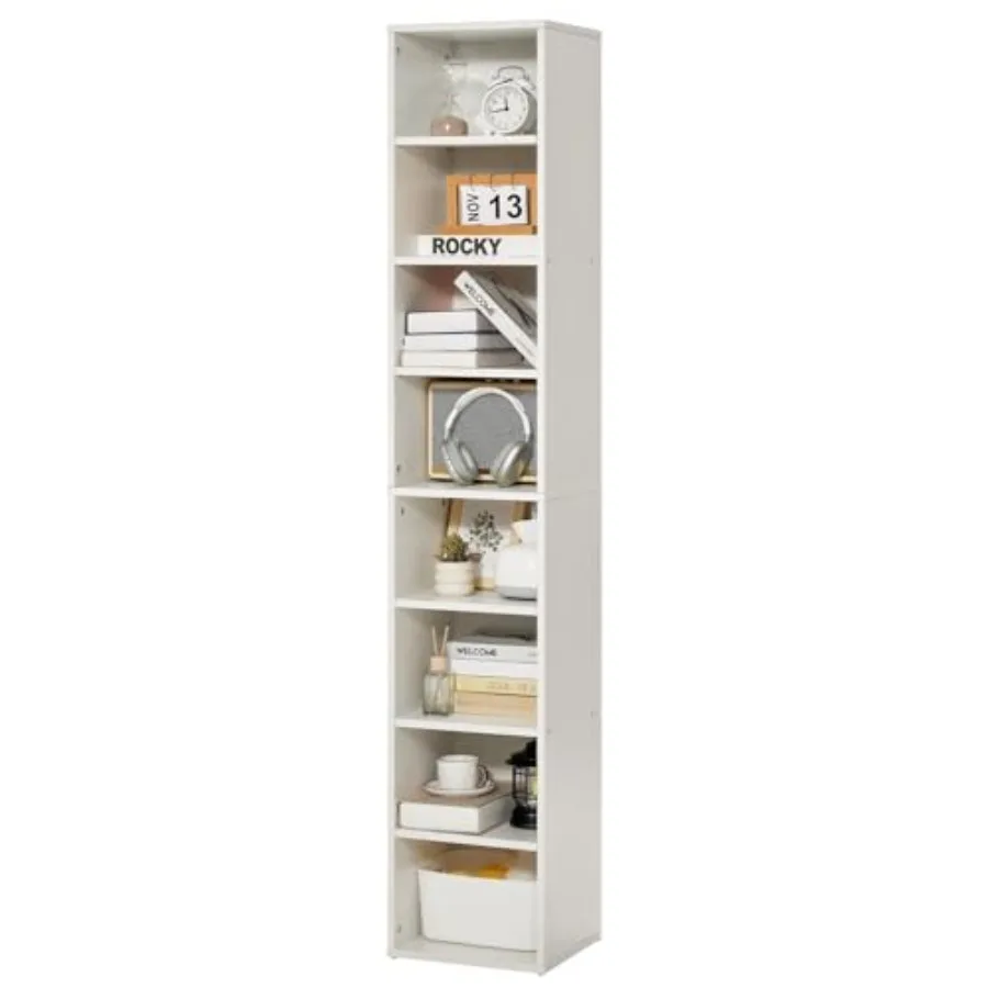 8 Tiers Narrow Bookshelf 71 in Wooden Tall Open Bookcase with Height-Adjustable Shelf Freestanding Display Storage Floor Bookca