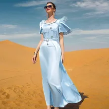 

Women Dress Light Blue Satin Feather Butterfly Sleeve Dress Diamonds Muslim Dress Robe Femme Belt Vestidos Elegantes Para Mujer