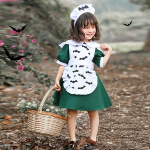 Dark Green Color Halloween Bat Printing Lolita Maid Cosplay Costume Children Anime Ghost Festival Party Outfit