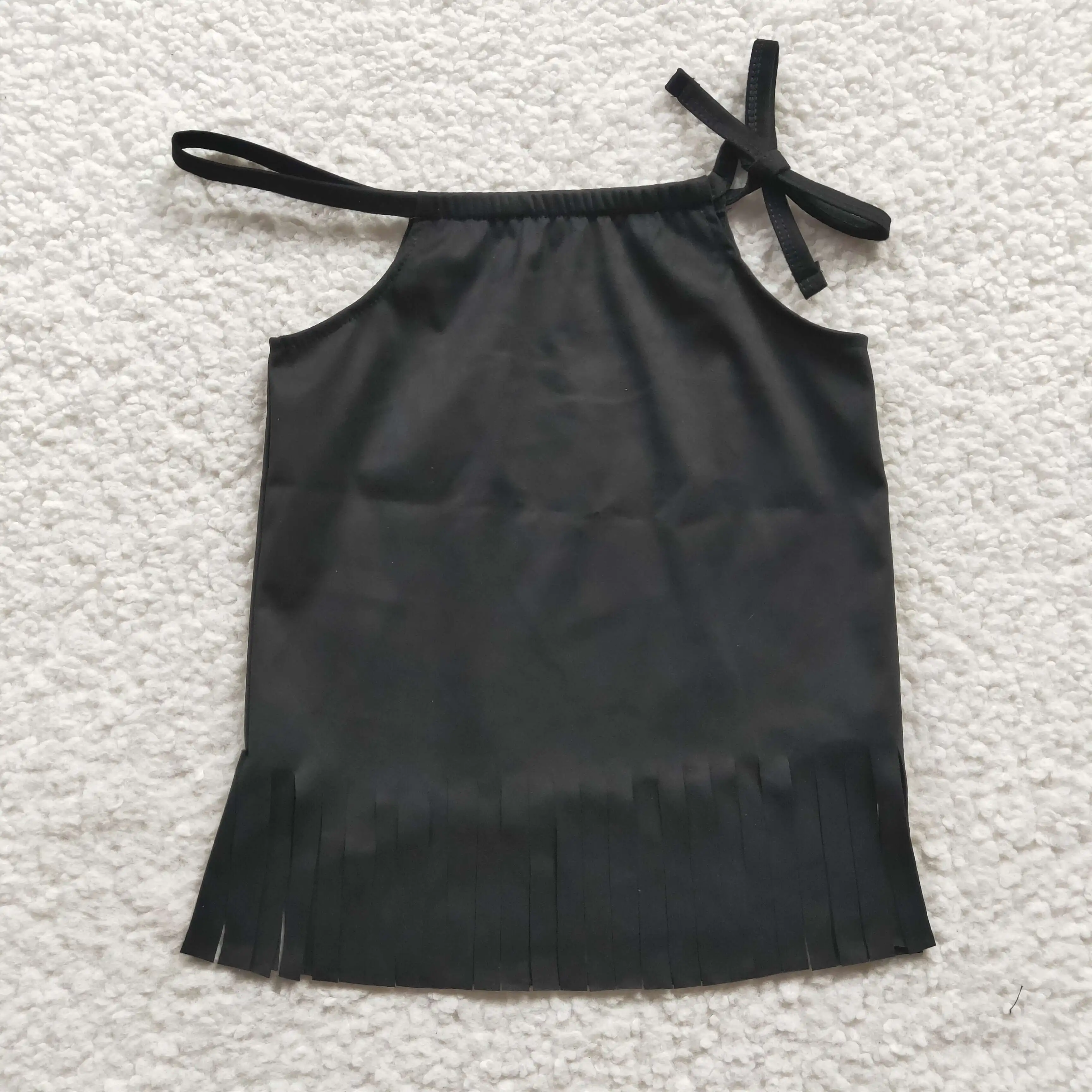 

GT0088 Wholesale Children's Clothes Girls New Black Tassel Hanging Neck Top