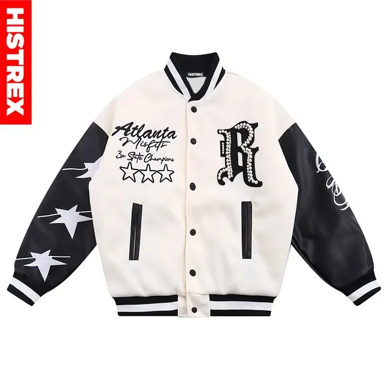 

2023 PU Leather Parka Men Harajuku Pearl Thick Jacket Hip Hop Patchwork Outerwear Winter Padded Y2K Baseball Coat Women