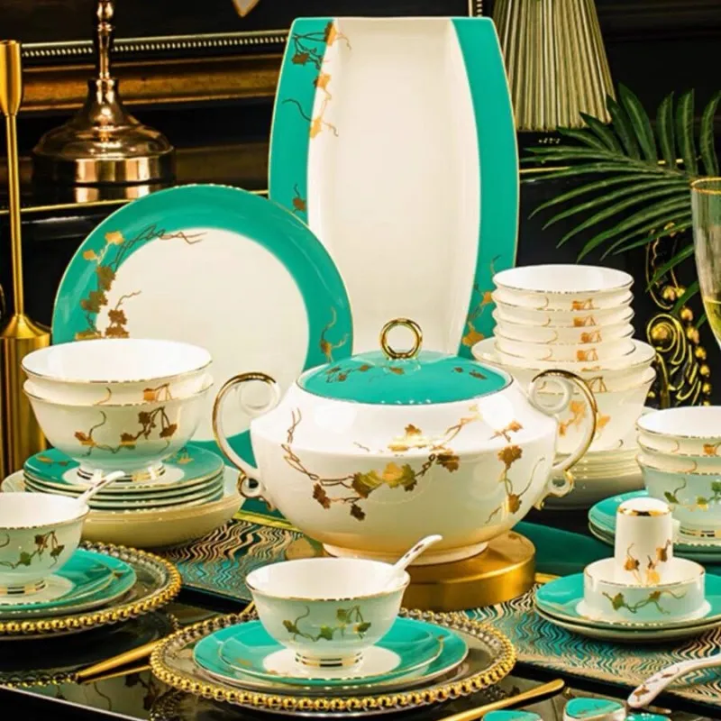 

70 head bone porcelain tableware with simple golden bowl and plate set, Chinese style rice bowl and fish plate set