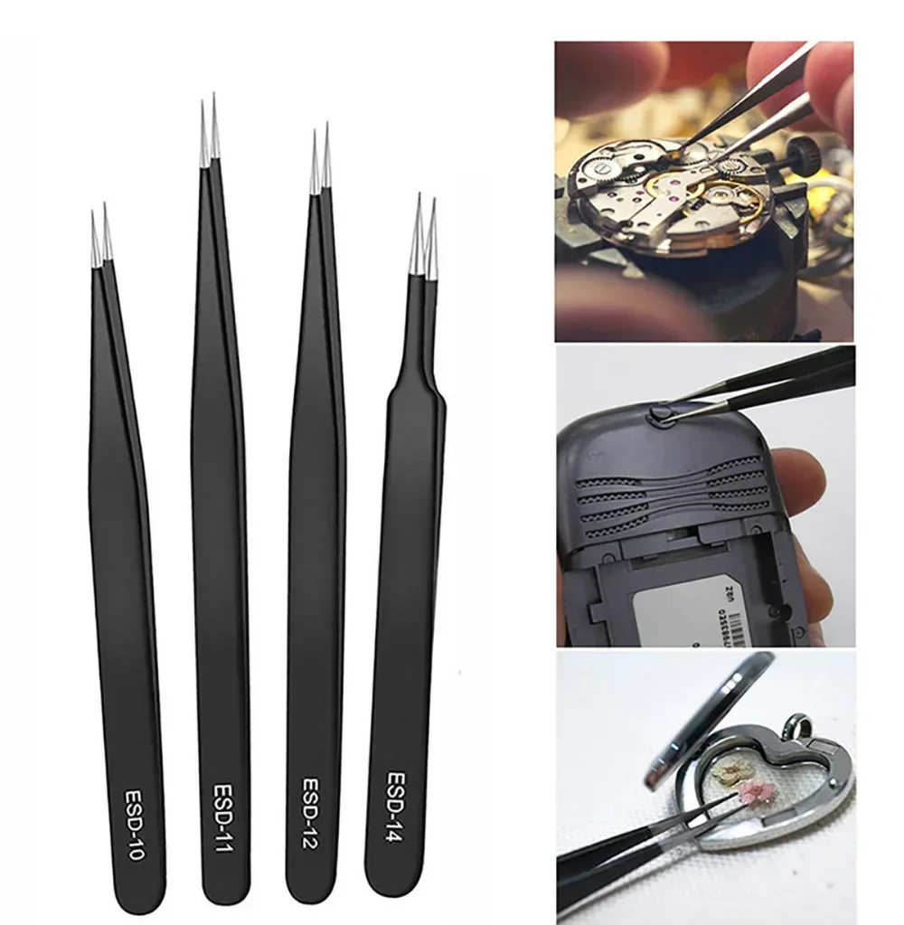 Stainless Steel Tweezers ESD Anti-Static for Electronics Repair Soldering