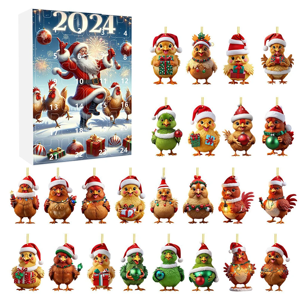 thumbnail image 1 of Calendario de Adviento de pollo con gorro de Papá Noel Calendario de Adviento navideño con adornos colgantes de acrílico 2D Calendario de Adviento para sorpresa navideña, 1 of 5