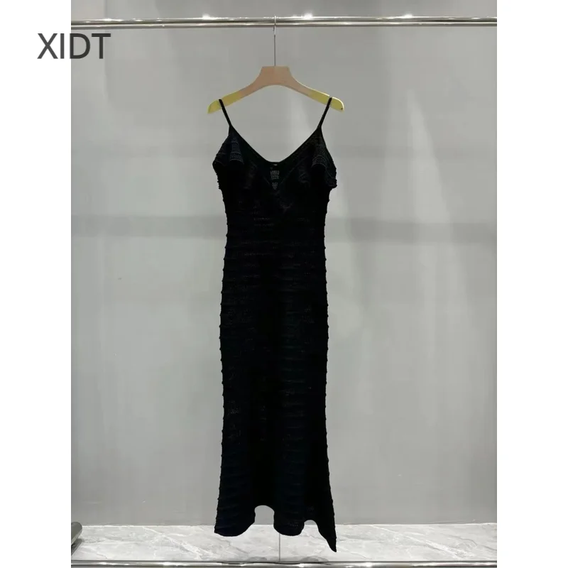 

2024 Spring/Summer New Product High end Customized Black Hollow Ruffle Collar Slim Fit Knitted Fishtail Dress