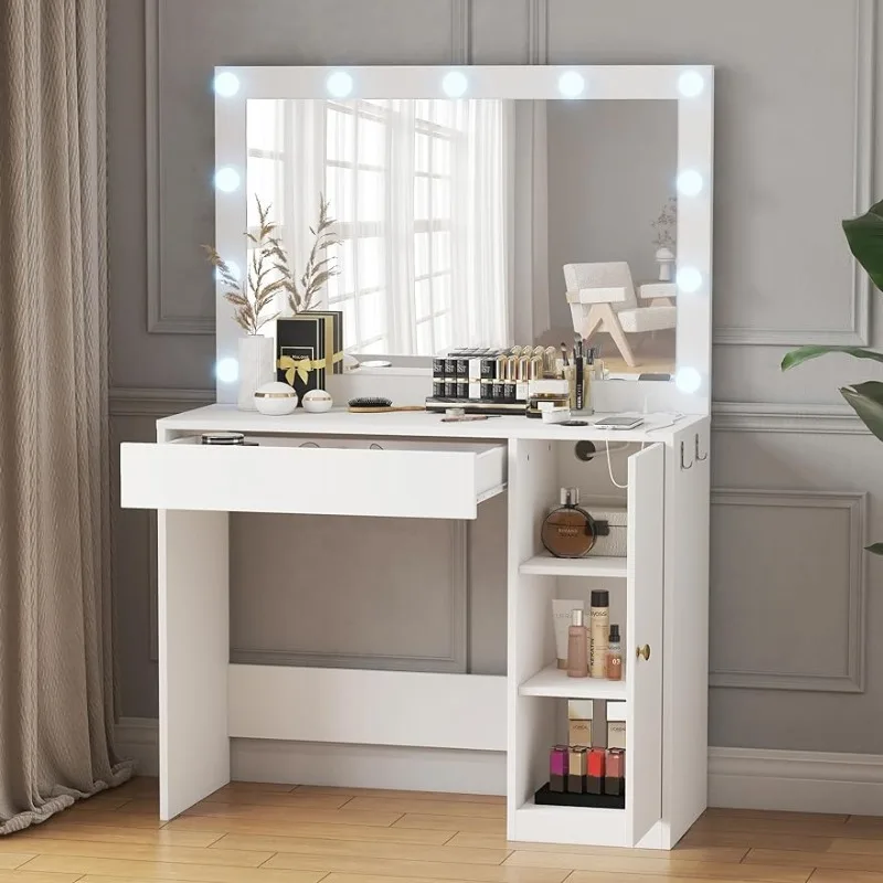 

Vanity Desk with HD Mirror & Lights, Makeup Vanity with Power Outlet, Dressing Table with Drawer & Cabinet, Vanity Mirror
