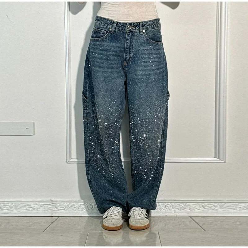 Shiny Rhinestone Baggy Women's Wide Leg Jeans Full Diamond Wide