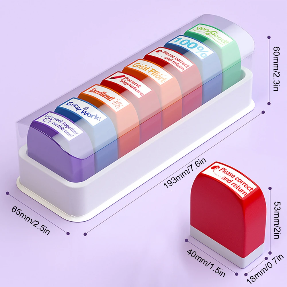 8Pcs Motivation Stamps with Tray Self-inking Grading Stamps Feedback Encouraging Comments School Supplies for Teacher