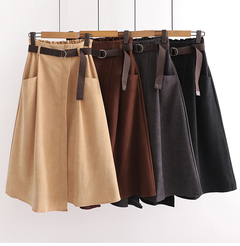 

2023 Spring Autumn Women Korean Style Fashion Black Female Elastic Waist Midi Skirt with Belt Irregular High Waist Skirts Khaki