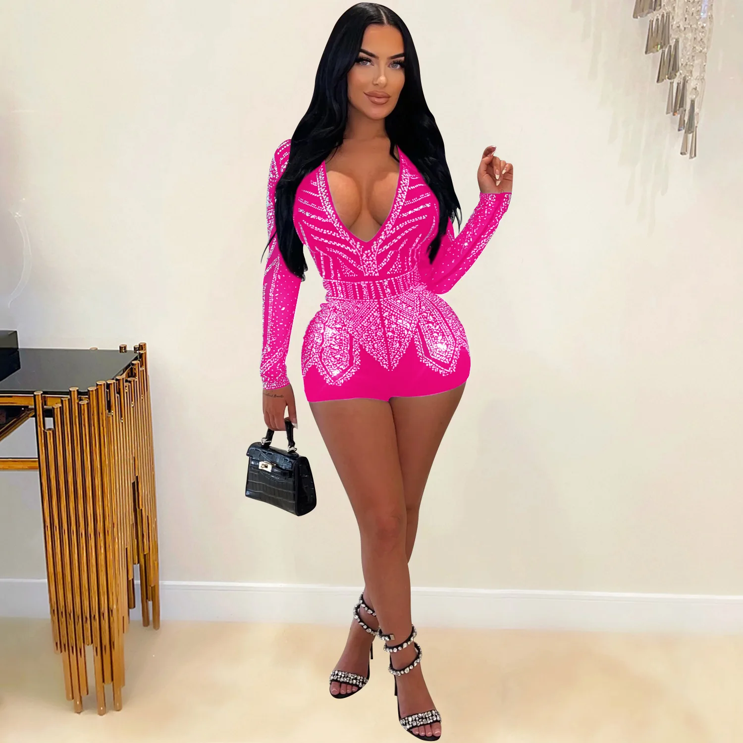 Luxury Deep V-neck Mesh Long Sleeve Night Club Party Romper Birthday Outfits Women Sparkly Diamonds Rhinestone Jumpsuit