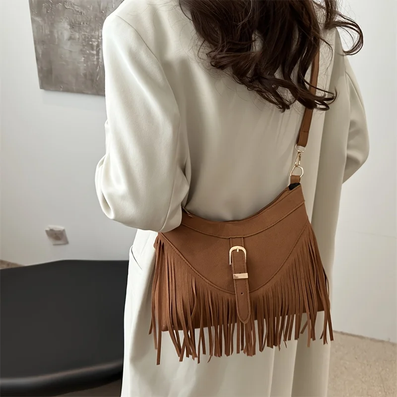 Women'S Vintage Tassel Suede Crossbody Bag, Adjustable Strap, Zipper Closure, Detachable Strap, Synthetic Shoulder Bag, Purses
